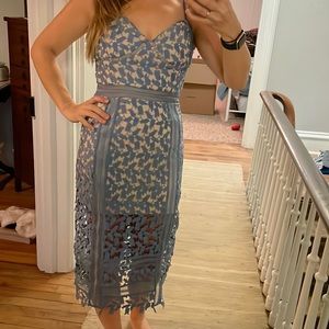 Just Me - Periwinkle Fitted Midi Appliqué/Lace Dress